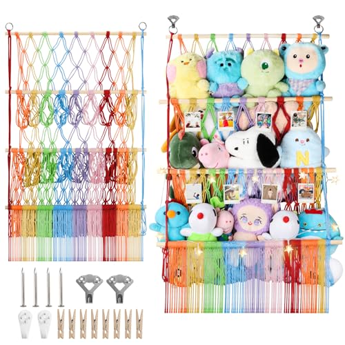 3 Tier Stuffed Animal Storage Shelf Net, 24x39 Inch Large Plushie Net w/ LED Light & Clips for Mini Medium Stuffy Teddy, Rainbow Boho Macrame Wall Toy Holder Display for Nursery Kids Girls Boys - color: Rainbow, size: Large-3 Tier-24x39 Inch