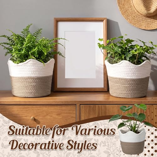 4 Pcs Large Cotton Rope Plant Basket Modern Woven Baskets for Flower Pot Floor Indoor Planters, Storage Organizer Baskets Home Decor, White Brown