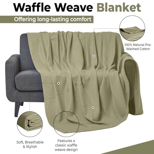 100% Cotton Blankets for Bed - Waffle Weave Blankets for Summer, Lightweight and Breathable Soft Woven Blanket for Spring (Olive Green, Throw (50" x 60")) - color: Olive Green, size: Throw (50" x 60")