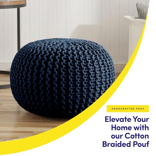 Pouf Ottoman Foot Rest Stuffed – 20” Diameter x 14” Tall Cozy Floor Pouf for Living Room, Bedroom, Nursery & More – 100% Cotton Knit Shell, EPS Bead Filled Footrest & Accent Chair, Navy Blue - color: Navy Blue