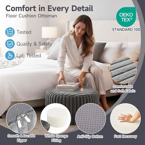 Tiita Round Stuffed Pouf Ottoman, Stripe Faux Fur Poufs with Foam Chunk Filling, Furry and Fluffy Pouf 21×21×12 inch Foot Stool Storage Ottoman,Puff Office Foot Rest for Couch Living Room, Grey - color: Striped Round Grey