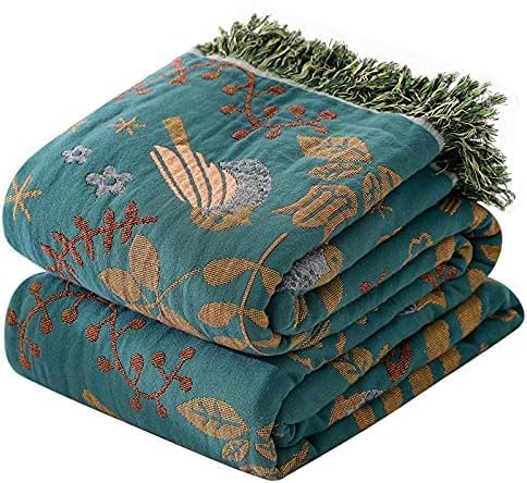 Boho Throw Blanket for Couch 100% Cotton Organic Ultra Soft Breathable Rustic Quilt 50" x 60" Birds and Floral Throw for Sofa Chair Bed Couch Chair