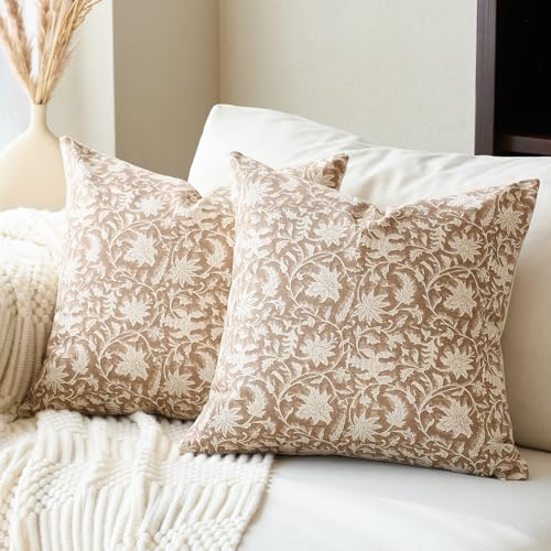 FIOUOVO Floral Throw Pillow Covers 18x18 Farmhouse Block Print Pillow Covers Decorative Pillow Covers Couch Pillows for Living Room Vintage Accent Sofa Pillows Set of 2, Neutral - color: Neutral, size: 18" x 18" (Pack of 2)