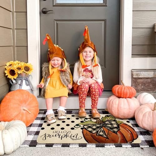 Fall Door Mat Outside,Polka Dot Hello Pumpkin Welcome Mat for Front Door,Thanksgiving Autumn Indoor Outdoor Non-Slip Rugs,Fall Doormat for Farmhouse Home Porch Decorations 30" x 17" - color: Fall 3