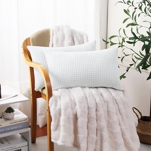 100% Egyptian Cotton 600 TC Waffle Weave Lumbar Pillow Covers 2 Pack, Ultra Soft Breathable Rectangle Throw Pillow Covers, Decorative Cushion Covers for Bed Couch Sofa Car, No Insert, White, 12" x 20" - color: White, size: 20" x 12" (Pack of 2)