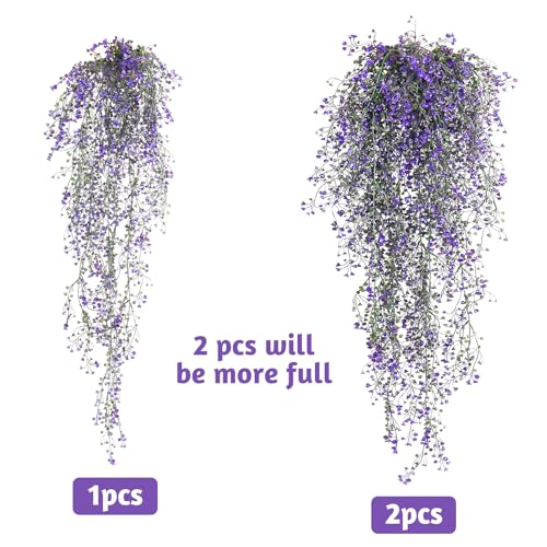 RECUTMS Artificial Vine Plants 2 Pack Fake Hanging Flower Plants Faux Ivy Vine Leaves Plastic Baby Breath Greenery UV Resistant for Home Bedroom Wall Porch Garden Wedding Decor (Purple) - color: Purple-2pcs