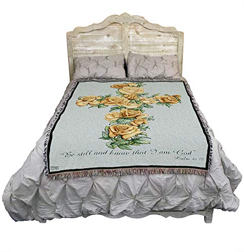 Yellow Rose Cross Blanket by Parker Fulton - Be Still And Know That I Am God - Scriptures Psalm 46:10 - Sympathy Bereavement Gift Tapestry Throw Woven from Cotton - Made in the USA (72x54) - color: Yellow Rose Cross, size: 72" x 54"