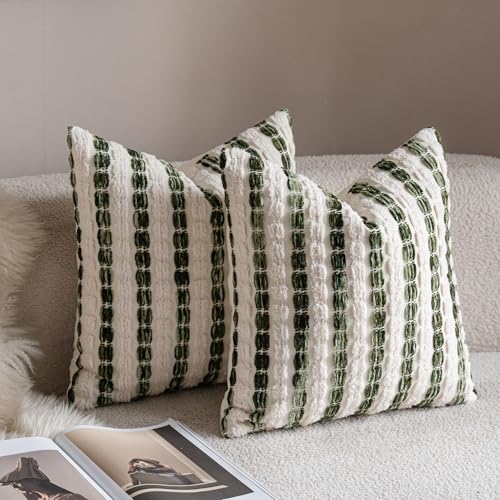 Caflife Boho Throw Pillow Covers 22x22 Inch Set of 2, Farmhouse Green Striped Textured Chenille Decorative Couch Pillow Cases, Rustic Accent Cushion Covers for Sofa Bed Living Room Bedroom - color: Green, size: 22" x 22" (Pack of 2)