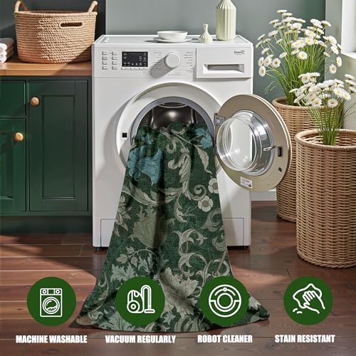 Forest Green Floral Area Rug 3x5 for Entryway, Washable Vintage Farmhouse Botanical Rug, Non Slip Low Pile Thin Floor Decor Soft Accent Rug for Front Door Kitchen Playroom Bedroom - color: Green, size: 3'x5'