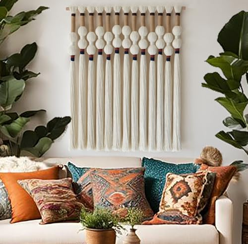 Macrame Wall Hanging Boho Wall Art Handmade Spherical Knot 27" W x 33" L | Handmade Spherical Knot Design, Tassel Fringe, Bedroom Living Room Decor, 27" W x 33" L - color: Ivory4