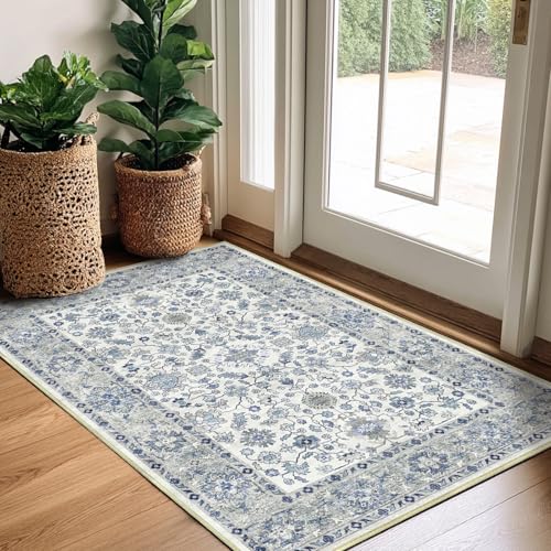 Area Rug for Living Room 2x3,Large Machine Washable Vintage Oriental Soft Carpet, Low Pile Thin Floor Area Rugs with Non Slip Backing for Office Door Mat Kitchen Bathroom Indoor Dorm Dining Room - color: Blue, size: 2x3