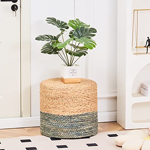 Wimarsbon 18'' Ottoman Pouf, Natural Braided Poof, Rustic Handweave Lounge Pouffe, Boho Footrest Stool for Bedroom, Accent Table or Seat for Living Room (Dusty Blue) - color: 18inch Water Hyacinth Braid & Dusty Blue Corn Shell
