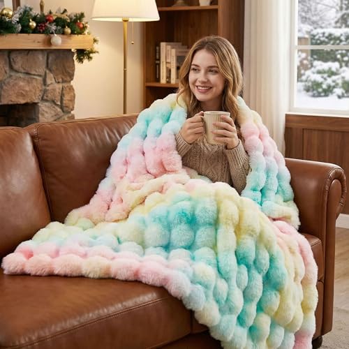 JONIYEAR Decorative Colorful Bubble Faux Rabbit Fur Throw Blanket 50" x 60", Thick Pastel Textured Warm Fluffy Blanket for Winter,Luxury Shag Cute Cozy Fuzzy Furry Lap Blankets for Couch Women,Rainbow - color: Colorful Rainbow - 900gsm, size: Travel/Throw