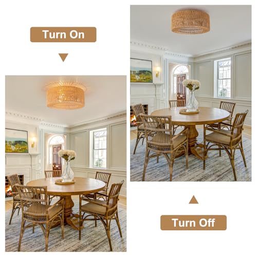 SineRise Flush Mount Ceiling Light (18-Inch, LED Bulb Included), Hand-Woven Boho Rattan Ceiling Light Fixture, 3-Light Rattan Chandelier for Hallway Kitchen Farmhouse Foyer Entryway Living Room(Gold) - color: Gold, size: Large
