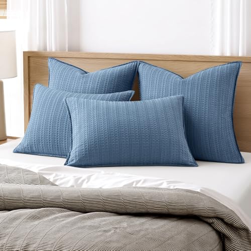 100% Cotton Waffle Pillow Shams Standard Size, 2 Pack 20x26 Decorative Pillow Covers for Bed Couch Sofa, Neutral Coastal Weave Cushion Cases Modern Farmhouse Home Decor, Blue - color: Blue, size: 26" x 20" (Pack of 2)