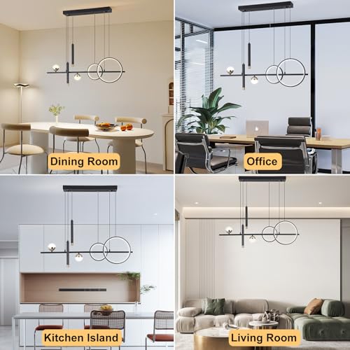 ORANOOR Modern LED Pendant Lights, Dimmable 39in Linear Wave LED Chandelier Lighting, Black & Gold Dining Room Hanging Light Fixtures Kitchen Island Globe Pendant Light for Dining Table (2705lm)