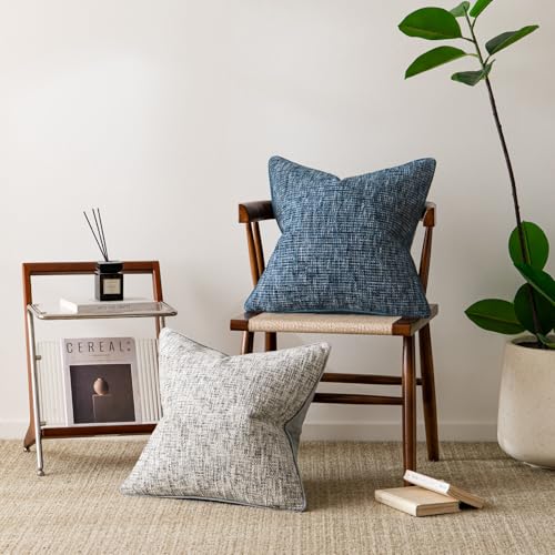 a moment Blue Reversible Pillow Covers 2 Pack - Farmhouse Chenille Velvet Throw Pillows, Neutral Textured Decorative Throw Pillow Covers with Border for Couch Sofa Bed (22x22 Inch, No Insert) - color: Blue, size: 22" x 22" (Pack of 2)