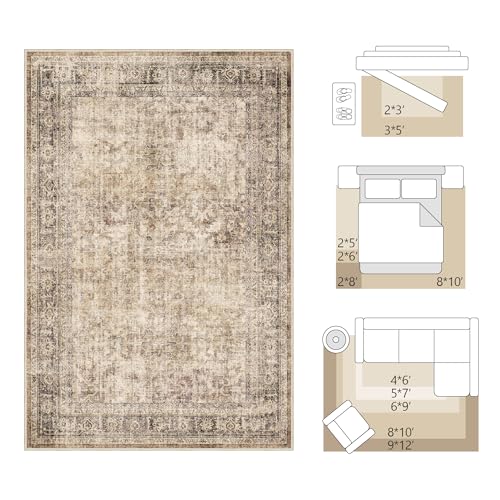 FMFUNCTEX 5x7 Washable Area Rug Brown Neutral Vintage Distressed Oriental Large Non Slip Carpet for Living Room Bedroom Traditional Retro Soft Low Pile Indoor Rugs for Dining Room Office Nursery - color: Brown, size: 5' x 7' (Rectangular)