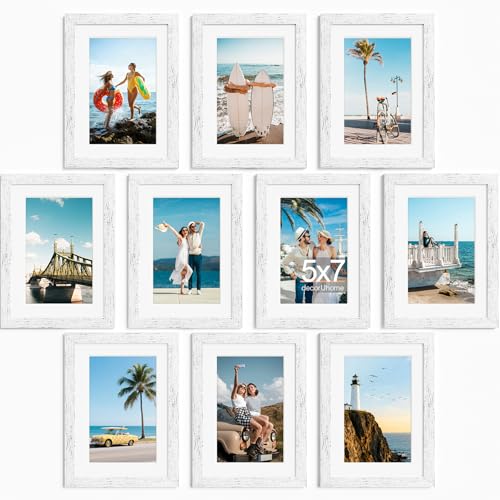 decorUhome 5x7 Picture Frame Set of 10, Display Photos 4x6 with Mat or 5x7 Unmatted for Picture Frames Collage Wall Decor, Distressed White - color: Distressed White, size: 5x7