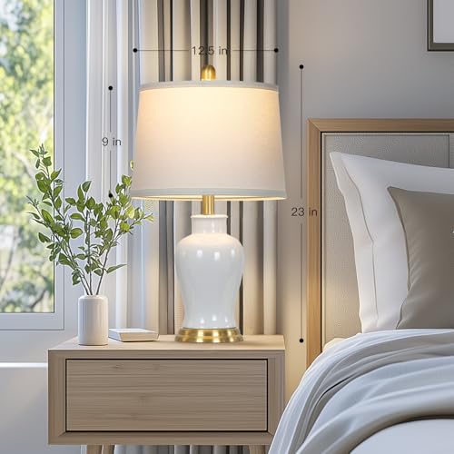 Modern Ceramic Table Lamps Set of 2, 23" White Ceramic Lamps for Living Room, Rustic Farmhouse Bedside Lamp with Ginger Jar Design, Elegant Bedroom Lamp for Nightstand Desk Side End Table Home Decor - color: White