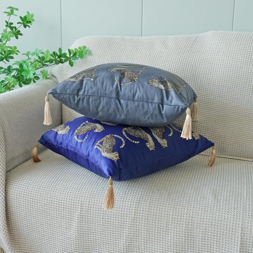 Square Decorative Throw Pillow Cover with Tassels Leopard Pattern Cushion Cover Luxury Style Soft Velvet Pillowcase for Sofa Couch Bedroom (18"x18",Grey) - color: Grey, size: 18" x 18" (Pack of 1)