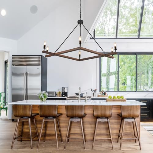 L45'' Rustic Farmhouse Square Wood Chandeliers 6-Light Unique Rectangular Candle Chandelier Long Ceiling Pendant Light for Living Dining Room Foyer Kitchen Bedroom High Ceiling,E12 - color: Walnut, size: 45 inches