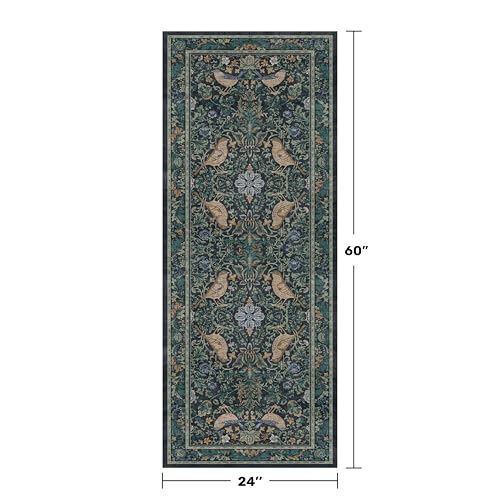 Boho 2x5 Entryway Indoor Runner for Bathroom - Botanical Bird Runner Rug for Kitchen Floor, Hallway, Bedroom, Entrance, Blue and Teal Neutral Vintage Decor, Washable Non Slip Low Pile - color: Blue, size: 2' x 5' (Runner)