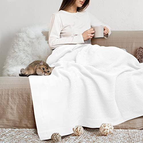 THREAD SPREAD 100% Pure Cotton, Luxury Twin/Twin XL Size White Blanket - Herringbone Pattern, Soft & Cozy Premium Fall Throw Blanket for All Seasons, 350 GSM & 68 x 92 with Free Tote Bag - color: Herringbone - White, size: Twin / Twin XL