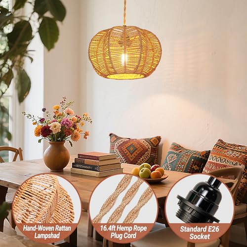 Hanging Lights with Plug in Cord Rattan Hanging Lamp Boho Ceiling Light Fixtures Farmhouse Pendant Lamp Shape for Living Room Bedroom Kitchen - size: 11.8 Inch-Ball Cactus Shade