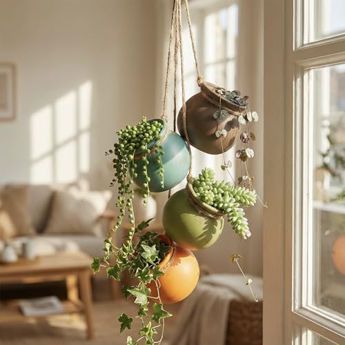 MyGift Dangling Southwest Desert Color Ceramic 4 Pot Set, Wall or Ceiling Mount Hanging Mini Flower Planters