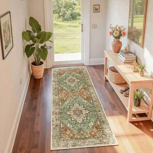 RELEANY Area Rugs Runner 2'x6' Washable Non-Slip, Floral Vintage Distress Medallion Carpet for Kitchen Hallway Bedroom Beside Laundry Room Bathroom, Terracotta Burnt Orange Green - color: Brick/Brown/Green, size: 2' X 6' (Runner)