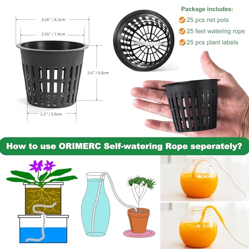 ORIMERC 25 Pack Net Pots 3 inch Hydroponic Pots Come with 25 ft Self Watering Wick & 25 Pcs Plant Label Aquaponics Mason Jar Insert Orchid Netted Basket Slotted Mesh Garden kratky Growing Vegetable - size: 3 inch (25 Pack)