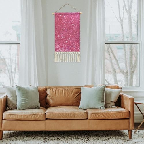 MUSM Boho Wall Hanging with Tassels - 10x19.6 Inch Cotton Linen Tapestry Art Print, Wood Frame & Hanging Rope, Sparkling Pink Glitter Poster for Living Room, Bedroom, Hallway Decor