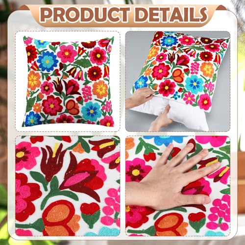 HunnmingRe Mexican Embroidered Throw Pillow with Insert 18 x 18 Inch Mexican Boho Embroidered Pillow Cover Decorative Fiesta Colorful Floral Cushion Decor for Sofa Living Room Couch Bedroom(White) - color: White