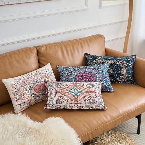 Decorative Washable Boho Lumbar Throw Pillow Covers 12X20 Inch Set of 4 Farmhouse Modern Couch Pillow Cases Vintage Floral Pillows for Sofa Living Room Bedroom Summer Outdoor Patio Porch - color: Bohemian Medley, size: 20" x 12" (Pack of 4)