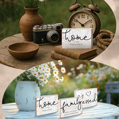 Jetec 3 Pcs Wooden Family Sign Rustic Blessed Home Wall Art Mini Wood Wall Decor Farmhouse Table Shelves Decoration Sign for Bedroom Kitchen Living Room Table Decor (Retro Color,7 x5 x 0.59 in) - color: Retro Color, size: 7 x 5 x 0.59 in