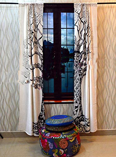 Indian Mandala Tree of Life Cotton Window Door Curtains Handmade Door Curtains Wall Hanging Hippie Balcony Wall Drapes Boho Window Treatment Decor Room Divider Sheer Wall Panel - color: White, size: 52"W x 82"L (Pack of 1)