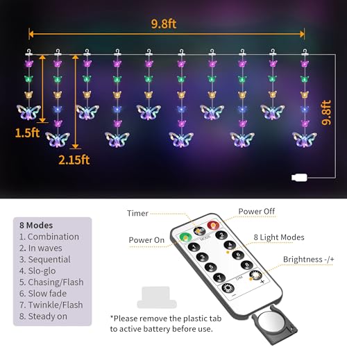 YOLIGHT Butterfly Curtain Lights for Bedroom 9.8ft LED Twinkle Fairy Light with Remote Timer Cute String Lights Wall Décor for Kids Girls Room Bed Canopy Wedding Easter Decoration (Multicolor) - color: Multicolor