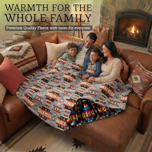 Sacred Thread Aztec Blanket Fleece, Reversible Native American Blanket, Western Throw, Native American Western (Grey Flannel), Full (60”x80”) - color: Grey Flannel, size: Full (60”x80”)