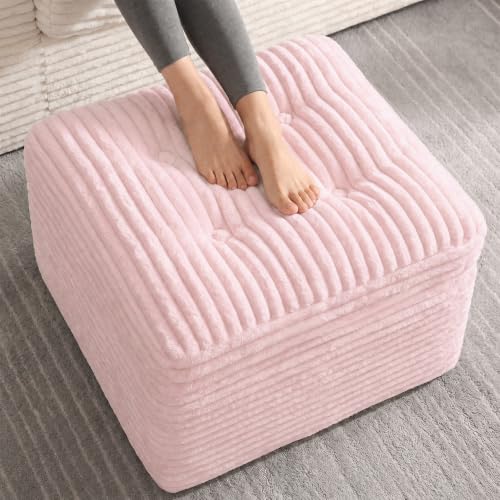 23.6in Pouf Ottoman, Corduroy Ottoman Foot Rest with Dual‑Layer Support, Large Poofy Pouf with Soft Chunk‑Foam Top & Firm Foam Base, Floor Foot Stool for Living Room, Pink - color: Pink