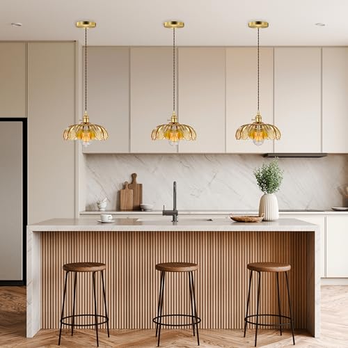 Hardwired Pendant Light Fixture, Hanging Light Fixture, Glass Shade Pendant Light with Rotary Switch, Modern Lamp for Kitchen Island, Bedroom, Dining Room, Living Room (Amber, 6 Ft Cord) - color: Amber, size: 6 ft