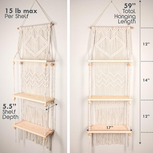 SnugLife Macrame Wall Hanging Shelf - 3 Tier Wall Plant Hanger Shelves with Handmade Woven Rope - Boho Shelves Organizer for Kitchen, Bathroom, Home Storage, Floating Plant Shelf (Pine Wood) - size: 3 Tier