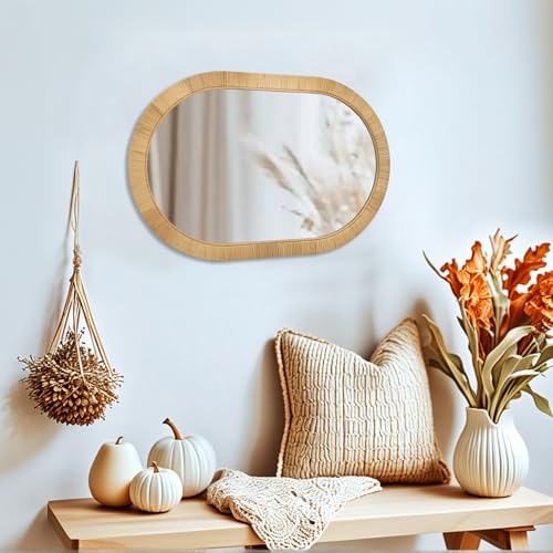 FUIN Handcrafted Rattan Oval Wall Mirror 20x30 – Natural Woven Wicker Frame for Boho Living Room & Entryway – High-Definition Shatter-Resistant Mirror – Vertical or Horizontal Biophilic Home Decor