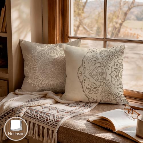 OBSEDE Taupe Boho Mandala Decorative Throw Pillow Covers 18x18 Set of 4 Faux Linen Cushion Cases Single-Sided Print Earth Tone Accent Pillows for Living Room Couch - color: Taupe Boho Mandala