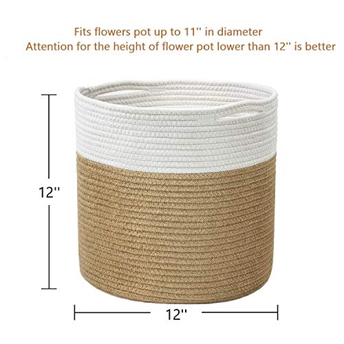 TIMEYARD Jute Rope Plant Basket Large Modern Woven Basket for 11'' Flower Pot Floor Indoor Planters, 12''x12'' Storage Baskets Rustic Home Decor White and Jute - color: Jute Mixed White, size: 12" x 12"