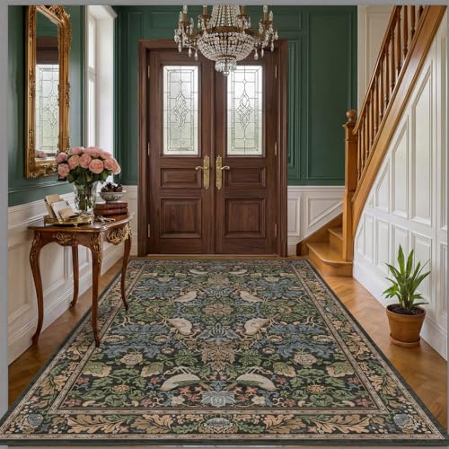 Hazo Haus Vintage Floral Area Rug 5x7 for Living Room - Dark Green Forest Bird Rugs for Bedroom, Dining Room, Office, Non Slip Stain Resistant Low Pile - color: Dark Green / Brown, size: 5' x 7' (Rectangular)