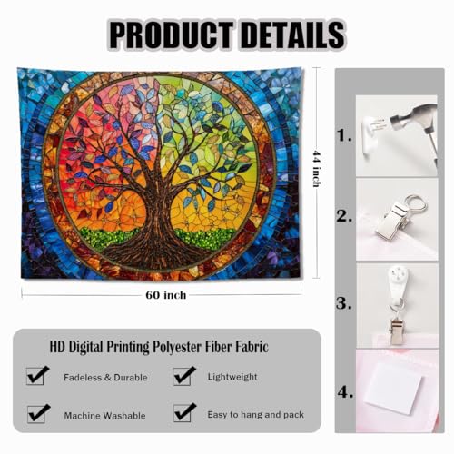 keowhsf Tree of Life Tapestry Wall Hanging – Colorful Stained Glass Look Wall Art with Fantasy Aesthetic, Large Tapestry for Bedroom, Living Room, Home Decor - color: TreeGlass, size: 60"L x 44"W