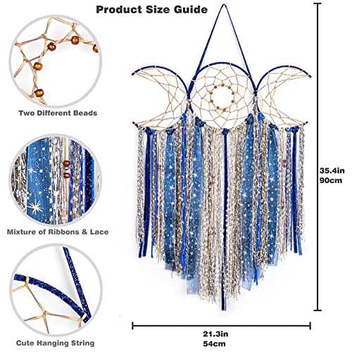 ANROYE Blue Triple Moon Goddess Macrame Wall Hanging, Boho Wiccan Crescent Dream Catcher, Bohemian Dreamcatcher Art for Women, Hippie Woven Pagan Tapestry Decor for Bedroom Decoration - color: Nebula Blue