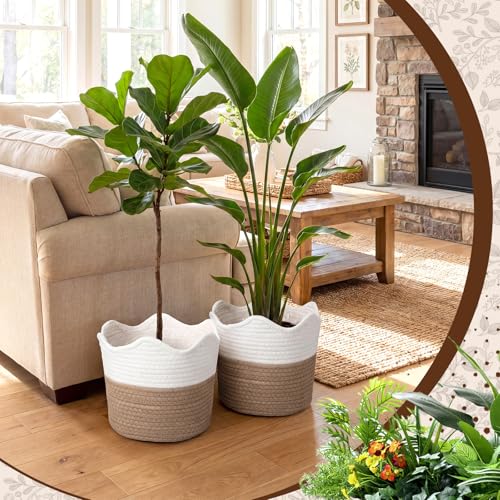4 Pcs Large Cotton Rope Plant Basket Modern Woven Baskets for Flower Pot Floor Indoor Planters, Storage Organizer Baskets Home Decor, White Brown