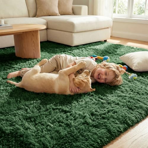 DweIke Fluffy Dark Green Rugs for Bedroom Living Room, 3x5 Feet Soft Plush Shaggy Forest Hunter Green Girls Boys Kids Rug, Non-Slip and Machine Washable Carpet for Dorm Nursery Classroom Decor - color: Dark Green, size: 3 Ft X 5 Ft